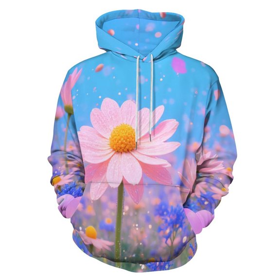 Pink Daisies in Blue Sky Men's Women Vintage 3D Hooded Sweatshirt - All-Season Loose Fit Streetwear