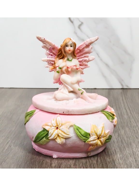 Pink Daisy Fairy Garden Fae Small Round Trinket Jewelry Box Figurine 3.25"H