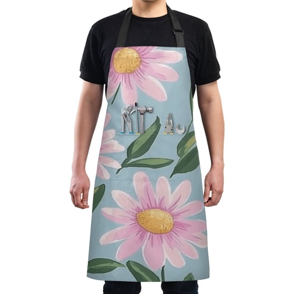 Pink Daisy Flat Illustration Chef Kitchen Apron with Pockets for Women Waterproof Aprons for Cooking Baking