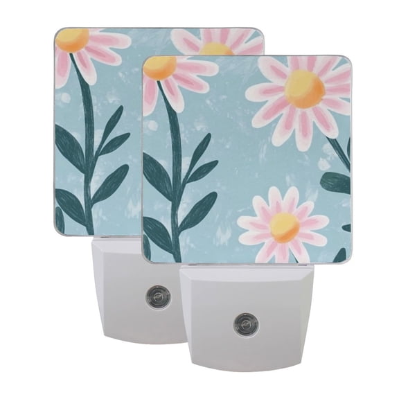 Pink Daisy Flat Illustration LED Night Light with Smart Sensor Plug Into Wall Dusk to Dawn 2 packs