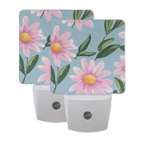 Pink Daisy Flat Illustration LED Night Light with Smart Sensor Plug Into Wall Dusk to Dawn 2 packs