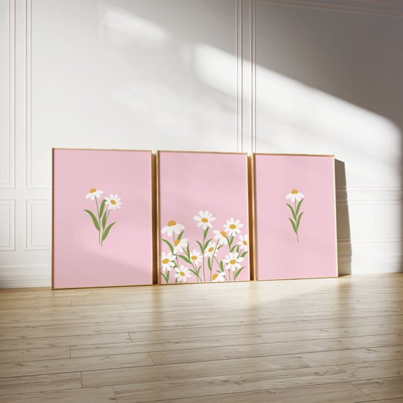 Pink Daisy Floral Nursery Art Decoration Set 3 Unframed Paper Print 8x12