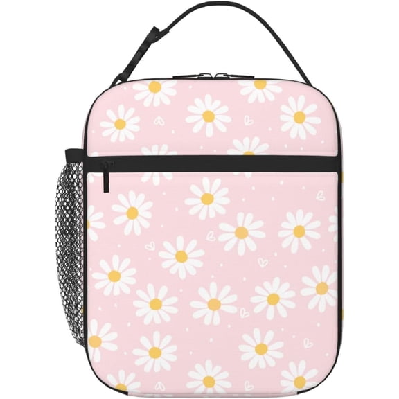 Pink Daisy Flower Insulated Lunch Bag Kids Lunch Box for Girls Boys Bento Lunch Box Cooler Bag with Front Pocket Cute Lunch Tote Bag Lunchbox for Work Office School Picnic