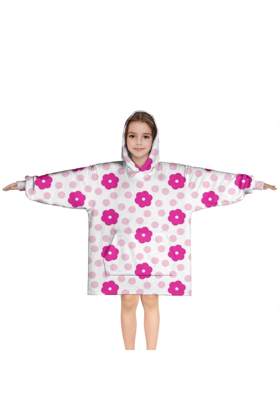 Pink Daisy Flower Polka Dots Pattern Blanket Hoodies for Kids 6-13YR Oversize Wearable Blanket Hoodies for Boys Girls Teens