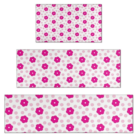 Pink Daisy Flower Polka Dots Pattern Kitchen Rugs Sets Of 3,Kitchen Runner Rugs Non Skid Washable,Decorative Kitchen Floor Mats for Kitchen,Sink,Laundry,17"x30"+ 17"x47" + 17"x59"