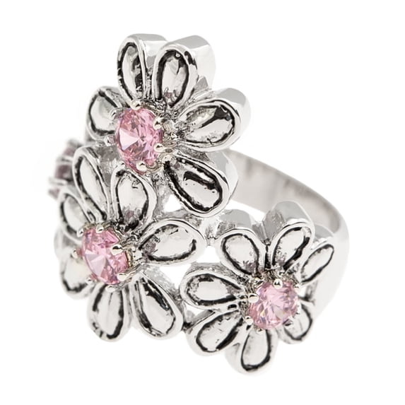 Triple Daisy Flower Ring with Pink Austrian Crystals, - Fashion Statement Ring Size 11 Jewelry Ring Silver Metal