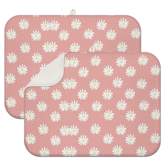 Pink Daisy Flower White Blooms Pattern Dish Drying Mat for Kitchen 1 Pack, Ultra Absorbent Microfiber Dishes Drainer Mats,18"x24"