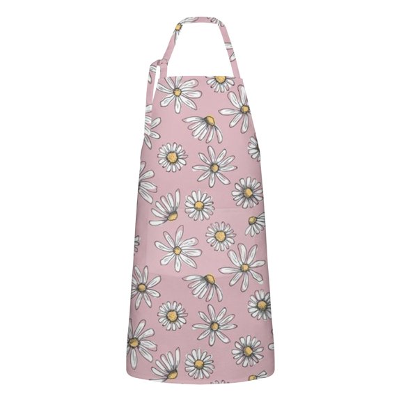 Pink Daisy Flower Yellow Centers Pattern Apron-Garden Aprons for Women with Pockets-Cotton Linen Waterproof Kitchen Cooking Gardening Aprons Adjustable for Kitchen,Cooking,BBQ and Salon 33x27 Inch