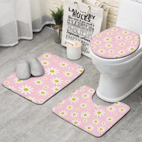Pink Daisy Flower Yellow Centers Pattern Bathroom Rugs Sets 3 Piece,Toilet Cover Set,Absorbent Non Slip Bathroom Mats Sets with U-Shaped Contour Rug Toilet Rug Set