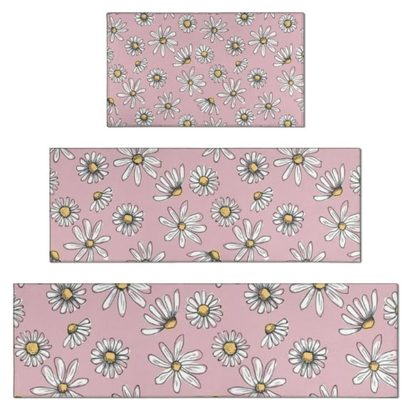 Pink Daisy Flower Yellow Centers Pattern Kitchen Rugs Sets Of 3,Kitchen Runner Rugs Non Skid Washable,Decorative Kitchen Floor Mats for Kitchen,Sink,Laundry,17"x30"+ 17"x47" + 17"x59"