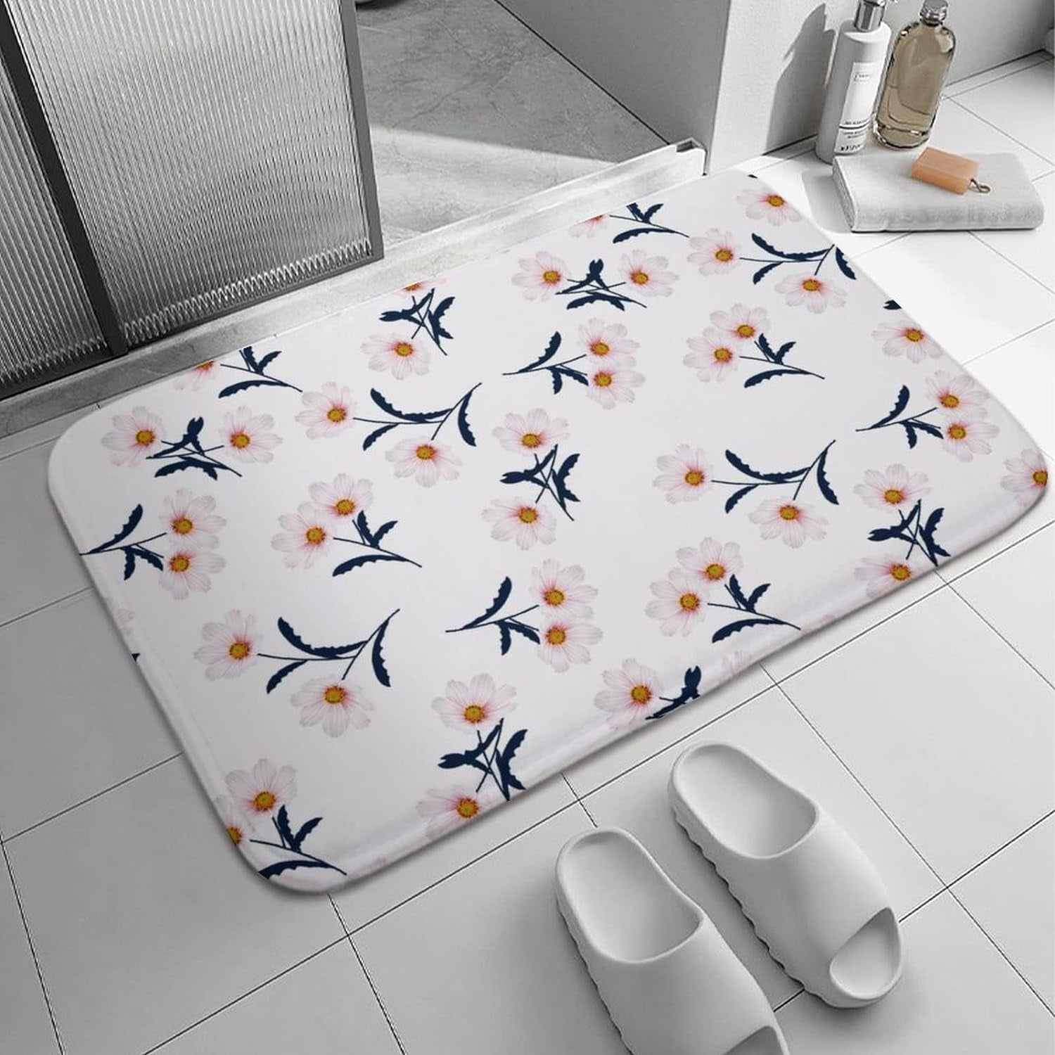 Pink Daisy Flowers Seamless Bath Rugs Absorbent Non Slip Door Mats Soft