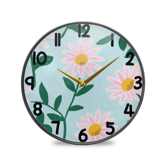 Pink Daisy Illustration Drawing Light Green Pink Lines Round Acrylic Wall Clock Silent Battery Operated Home Decor for Living Room Bedroom
