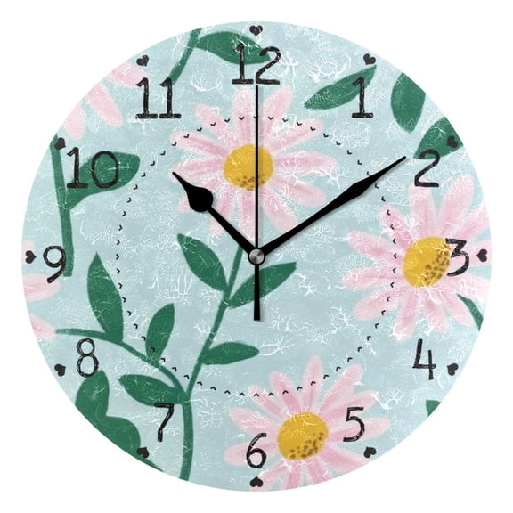 Pink Daisy Illustration Drawing Round Wall Clock Silent Battery Operated Home Decor for Living Room Bedroom