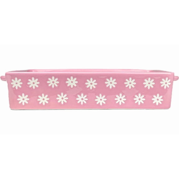 Pink Daisy Pattern Rectangular Ceramic Baker Casserole Dish Oven Safe
