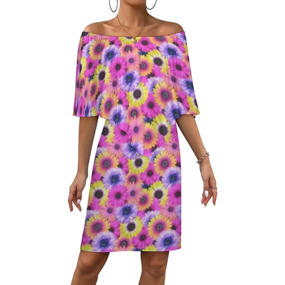 Pink Daisy Print Women's Off The Shoulder Ruffles Summer Wedding Guest Loose Casual Party Beach Dress