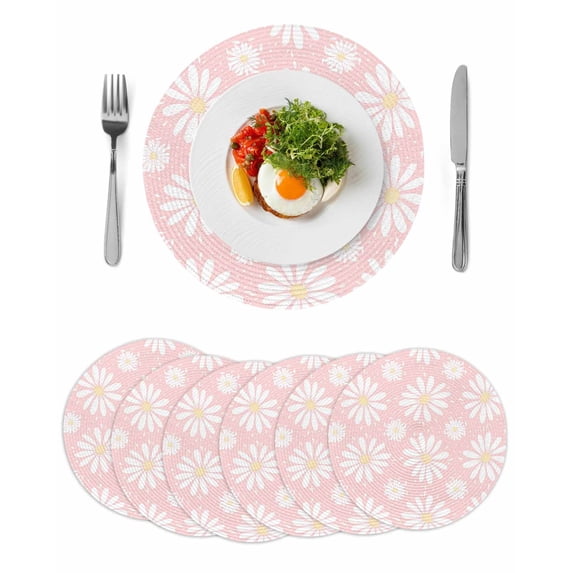 Pink Daisy Round 15 Inch Placemats Set of 6, Spring Floral Elegant Pastoral Botanical HeatResistant Non Slip Place Mats for Dining Table, Wipeable Braided Kitchen Table Mats for Housewarming