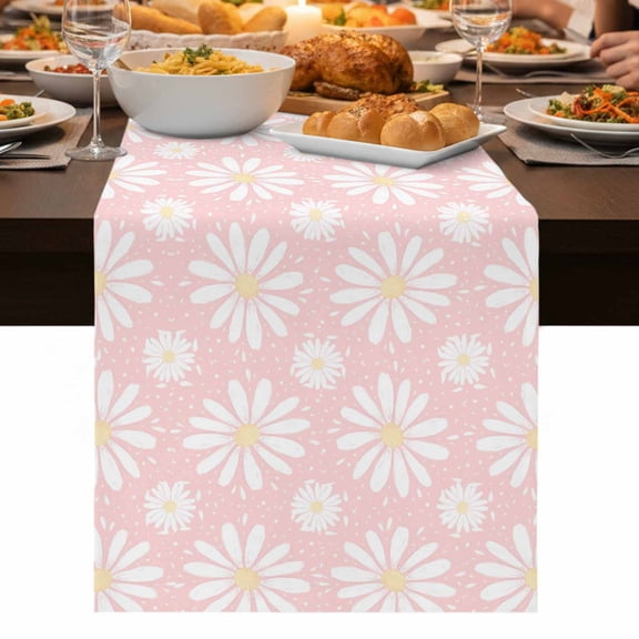 Pink Daisy Table Runner 60 Inch Long Dresser Scarves Linen Tablerunners Spring Floral Elegant Pastoral Botanical Dining Kitchen Burlap Table Setting Decor for Wedding Party Holiday Coffee, 13"x60"