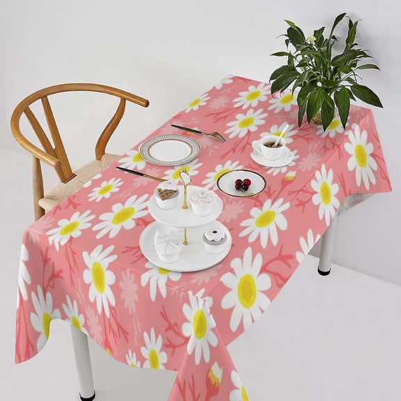 Pink Daisy Tablecloth, Rustic Country Farmhouse Cartoon Floral Daisy Flower Party Table Cover for Kitchen Dining Room Table Decor 60x84inch