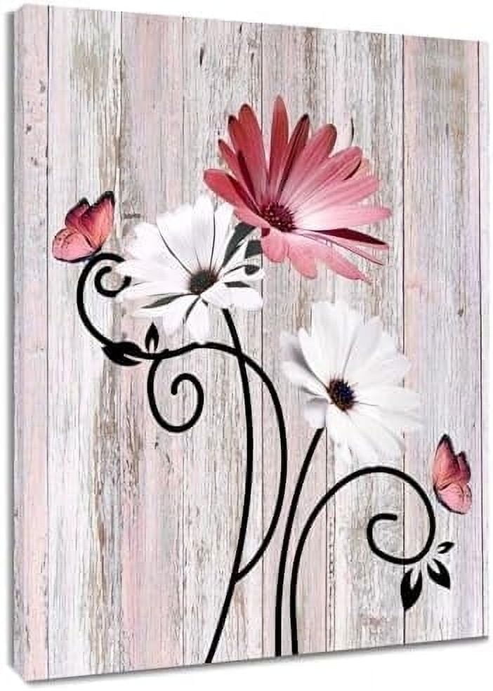 Pink Daisy Wall Art Vintage Flower and Butterfly on Rustic Wooden ...