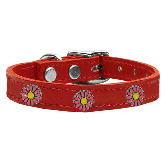 Pink Daisy Widget Genuine Leather Dog Collar Red 18