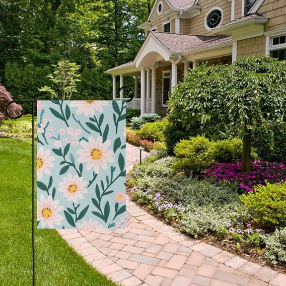 Pink Daisy and Green Leaf Illustration Drawing Garden Flag 12x18 inch Double Sided Outside Yard Decorations for Home Outdoor