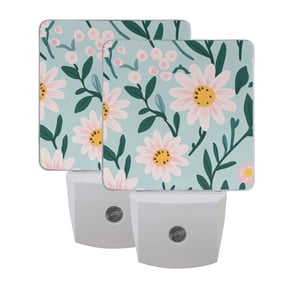 Pink Daisy and Green Leaf Illustration Drawing LED Night Light with Smart Sensor Plug Into Wall Dusk to Dawn 2 packs