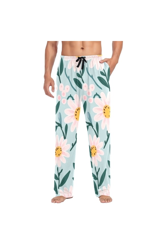 Pink Daisy and Green Leaf Illustration Drawing Mens Cotton Pajama Pant Sleep and Lounge Bottons with Pockets
