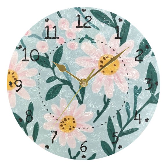 Pink Daisy and Green Leaf Illustration Drawing Round Wall Clock Silent Battery Operated Home Decor for Living Room Bedroom
