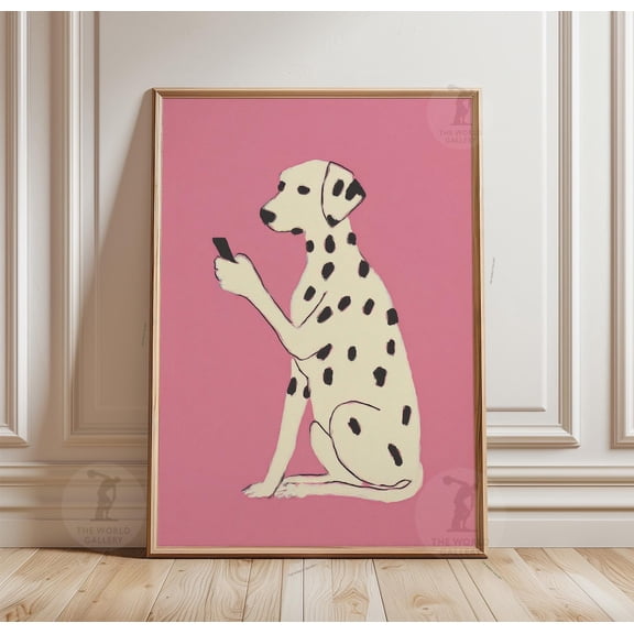 Pink Dalmatian Poster Spotted Dog Using Smartphone Animal Wall Art, Unframed Poster