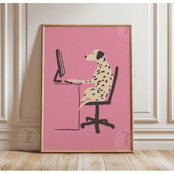 Pink Dalmatian Spotted Dog At Computer Desk Illustration, Minimalist Animal Wall Art Print