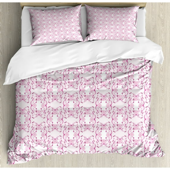 Pink Damask Duvet Cover Set King Size, Floral Branches Leaves Motifs on Pastel Striped Background, Decorative 3 Piece Bedding Set with 2 Pillow Shams, Baby Pink Pale Fuchsia White, by Ambesonne