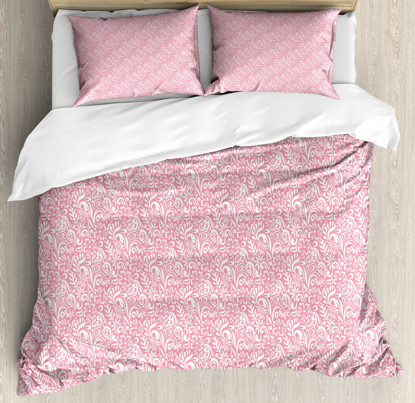 Queen Size Pale Pink and White Damask Duvet Cover Set