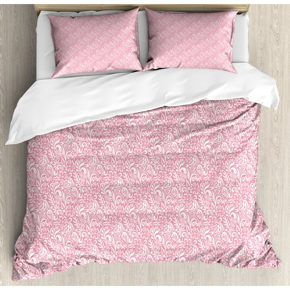 Pink Damask Duvet Cover Set, Monochrome Simplistic Romantic Cartoon Flowers Leaves Continuous Pattern, Decorative 3 Piece Bedding Set with 2 Pillow Shams, Queen Size, Pale Pink White, by Ambesonne