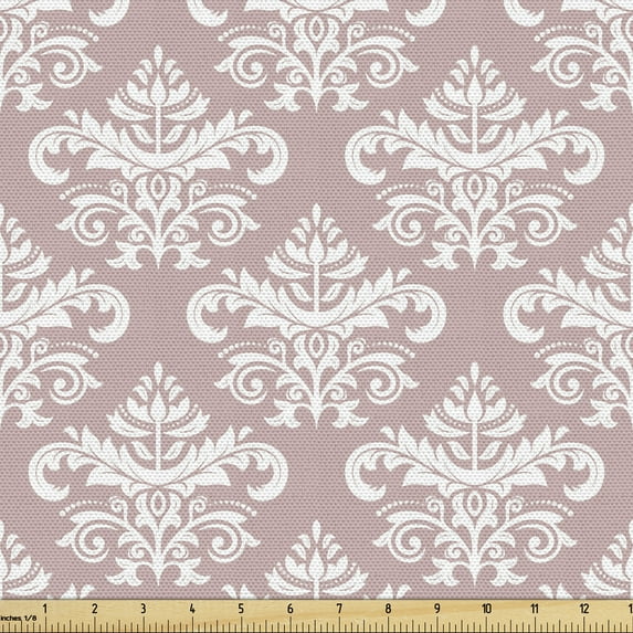 Pink Damask Fabric by the Yard Upholstery, Monochrome Abstract Leaves and Floral Details Rhythmic Illustration, Decorative Fabric for DIY and Home Accents, Pale Salmon and White by Ambesonne