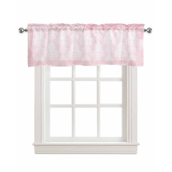 Pink Damask Linen Curtain Valance for Bedroom/Bathroom/Kitchen/Living/Dining Room Window,Ombre Paisley Medallion Mandala Ethnic Floral Pocket Topper Drapes Decorative Cafe Drapery Panel 42"x12"