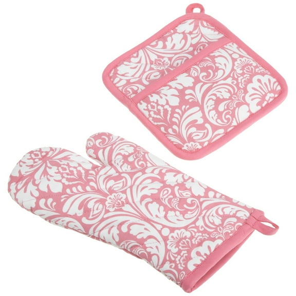 Pink Damask Oven Mitt & Potholder Set