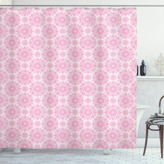 Pink Damask Shower Curtain, Modernized Baroque Floral Ornaments Leaves in Girly Blush Tones, Fabric Bathroom Set with Hooks, 69W X 70L Inches, Baby Pink and Pale Pink, by Ambesonne