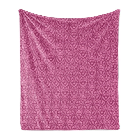 Pink Damask Soft Flannel Fleece Throw Blanket, Monochrome Floral Inspired Victorian Ornaments Repetitive Print, Cozy Plush for Indoor and Outdoor Use, 60" x 80", Baby Pink Dark Magenta, by Ambesonne