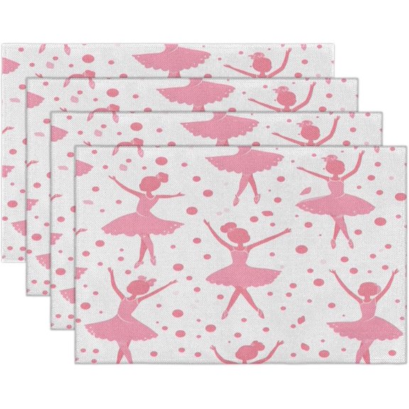 Pink Dancing Girl Polka Dots Placemats Set of 4 Linen Fabric Place Mats Heat Resistant Machine Washable Placemats Non-Slip Place Mat for Kitchen Dining Table