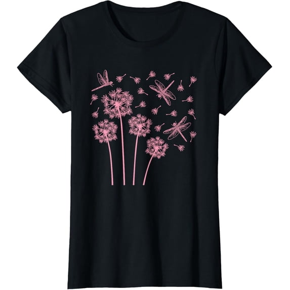 Pink Dandelion Flower Dragonfly Wildflower Women Girls T-Shirt men and women can wear, black, white, gifts