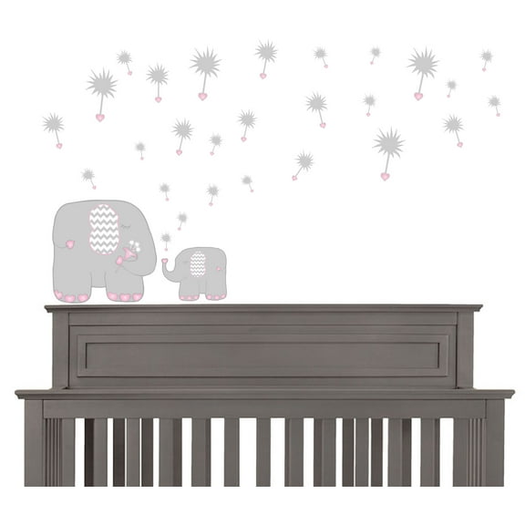 Pink Dandelions and Elephant Wall Decals / Elephant Nursery Wall Decor