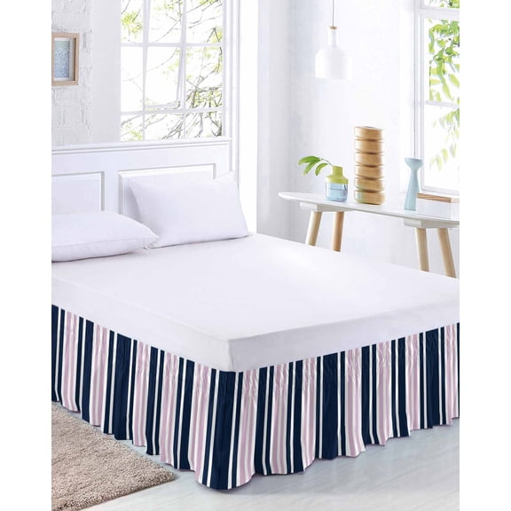 Pink Dark Bed Skirt Queen Size 16 Inch Drop, Blue Striped Minimalist Contrast Vertical Stripes Adjustable Elastic Dust Ruffles Bedskirt for Queen Bed Wrap Around Pleated Mattress Frame Cover