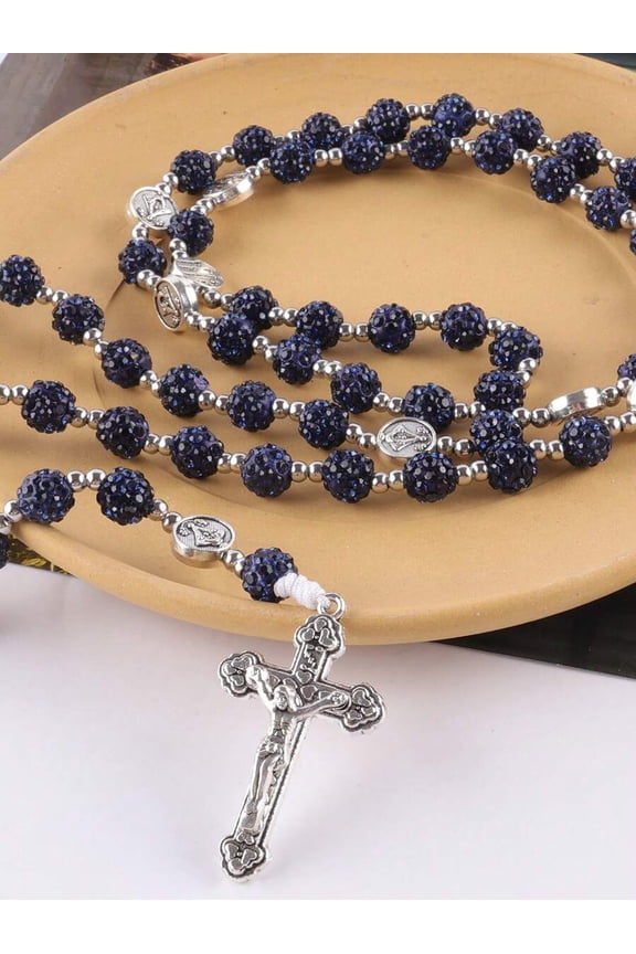 Pink Dark Blue Crystal Bead Rosary Necklace With Silvertone Crucifix