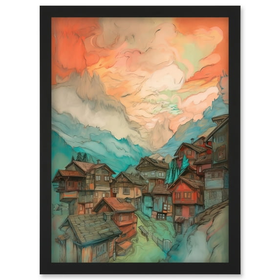 Pink Dawn Atmospheric Clouds Over Small Mountain Village in the Alps Modern Watercolour Painting Artwork Framed Wall Art Print A4