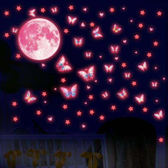 Pink Decals Luminous Moon Star Butterfly Wall Stickers Glow in The Dark Children's Room Bedroom Playroom Wall Decor