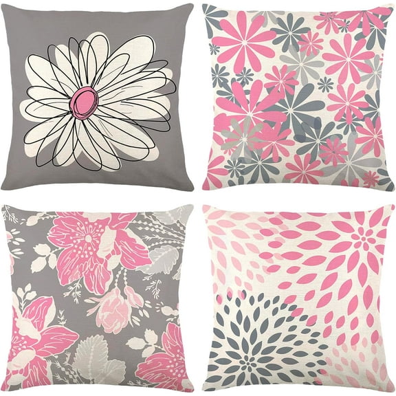 Pink Decorative Throw Pillow Covers 20x20 Set of 4, Pink and Gray Modern Daisy Floral Pillows Linen Pillow Covers for Couch Sofa Living Room