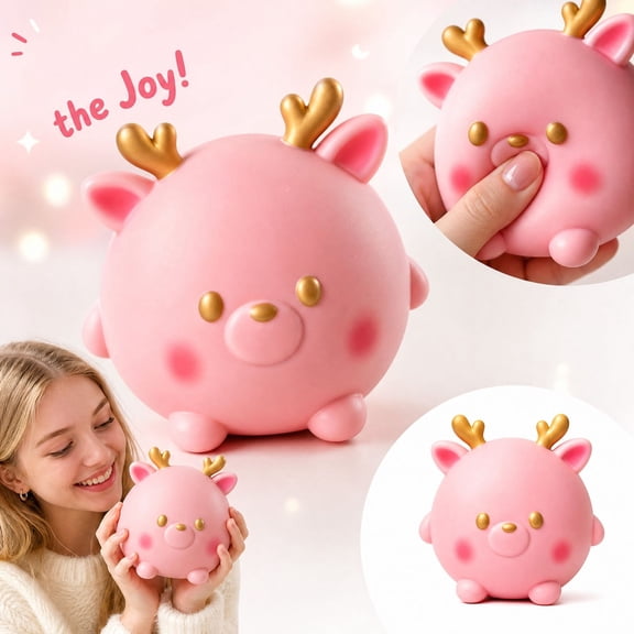 Pink Deer Squishy Toy with Golden Antlers and Slow Rising Design, Pink, for Relaxation, Squeeze Toy