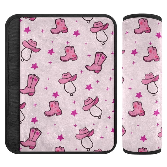 Pink Denim Hat Boot Pattern Car Seat Belt Covers 2 Pack Soft Flannel Padded Universal for All Cars 10x7.7 Inch
