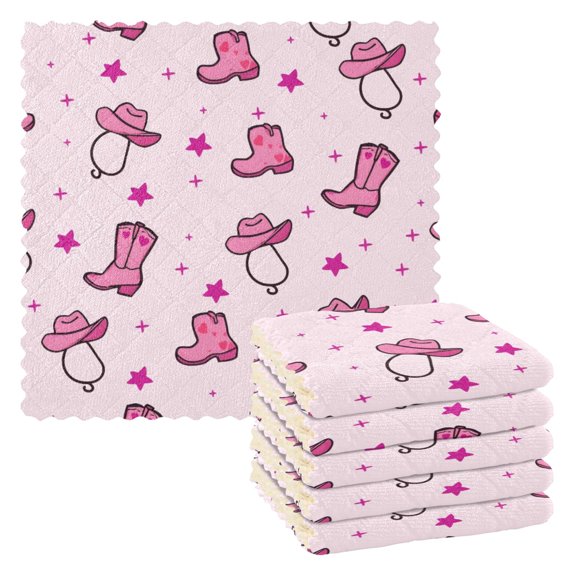 Pink Denim Hat Boot Pattern Dish Towels 6 Pack Kitchen Cleaning Dish Cloths Absorbent Reuseable Cleaning Cloths 11'' x 11''