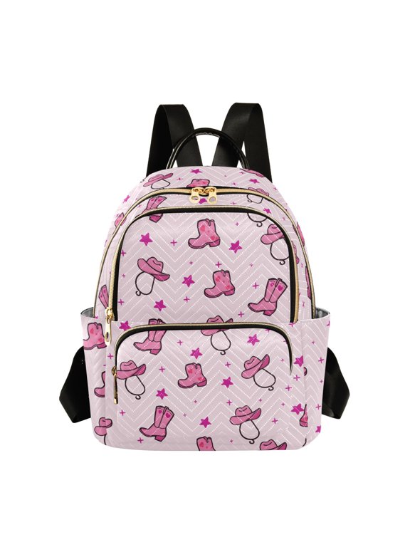 Pink Denim Hat Boot Pattern Fashion Backpack Quilted Lightweight Women Travel Daypack 14L